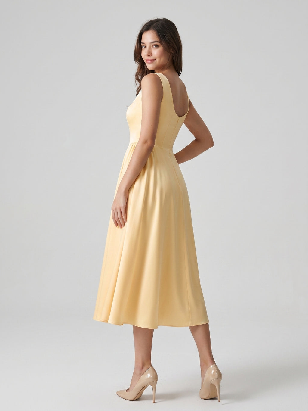 Butter Satin A-Line Scoop Neck Back Zip Tea-Length Dress