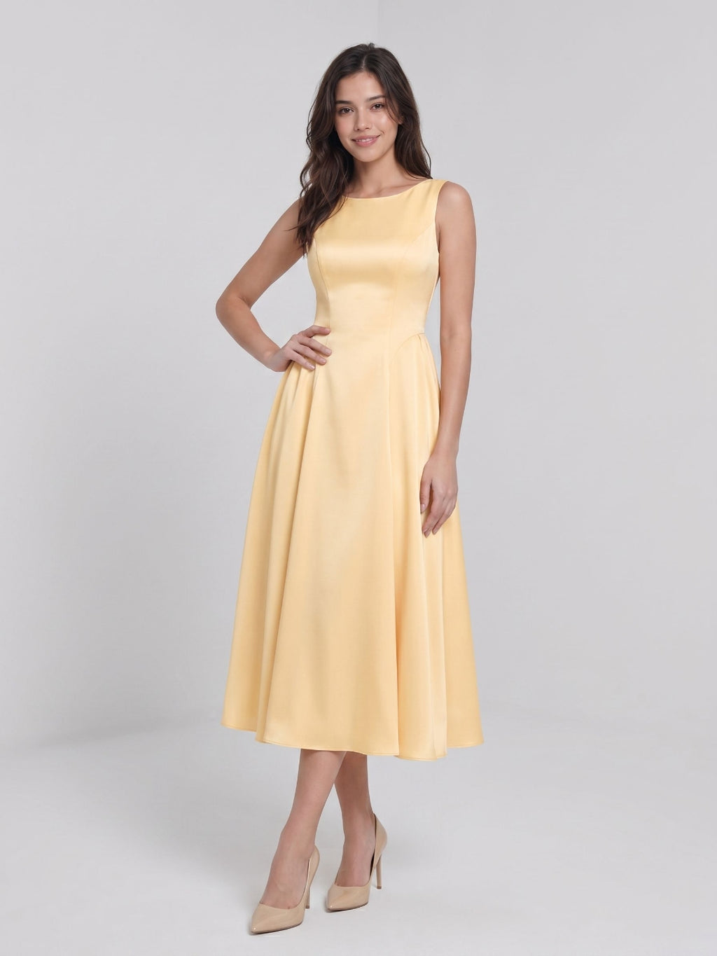 Butter Satin A-Line Scoop Neck Back Zip Tea-Length Dress