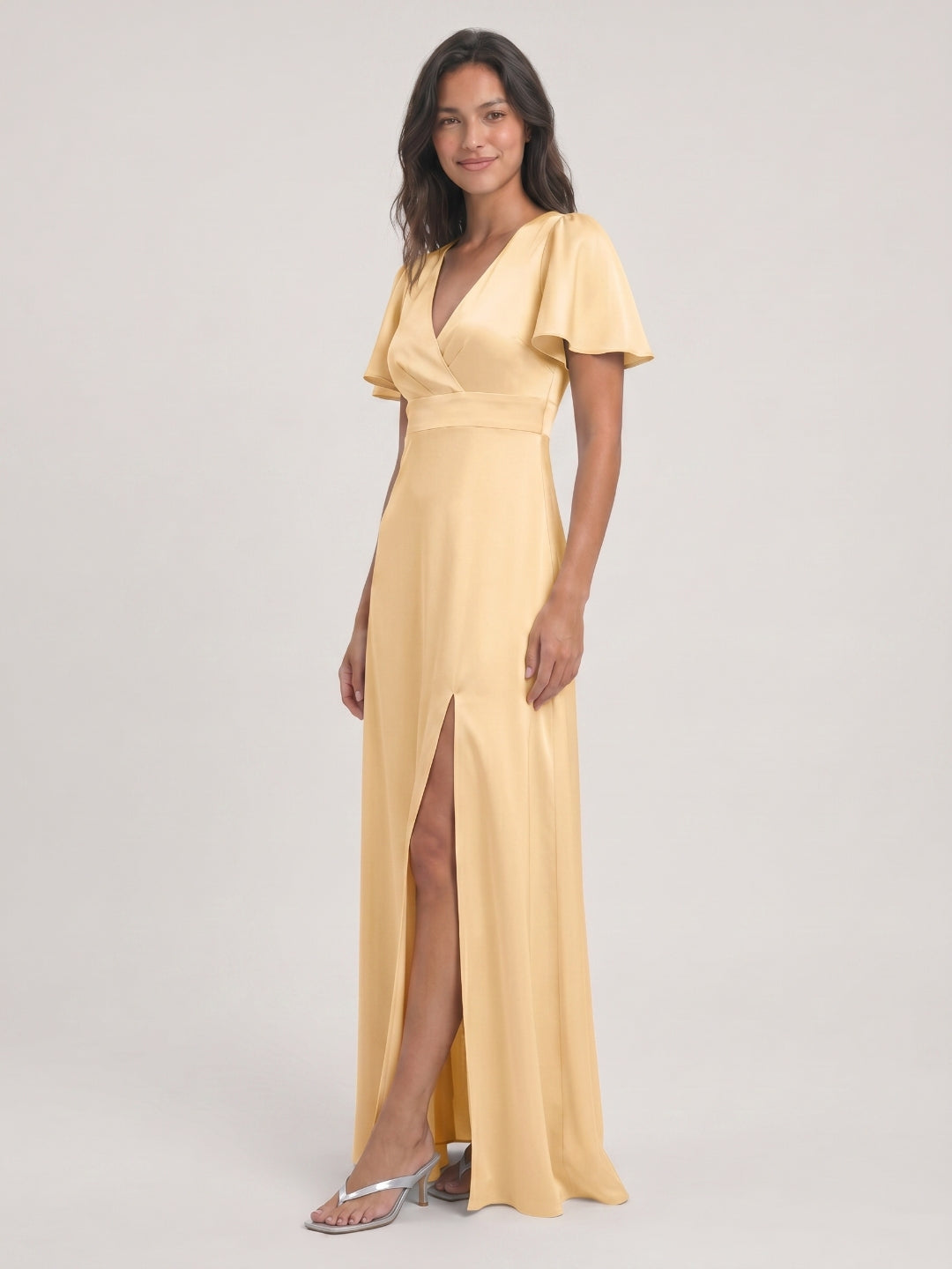 Butter Satin A-Line V-Neck Back Zip Floor-Length Bridesmaid Dress