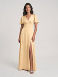 Butter Satin A-Line V-Neck Back Zip Floor-Length Bridesmaid Dress