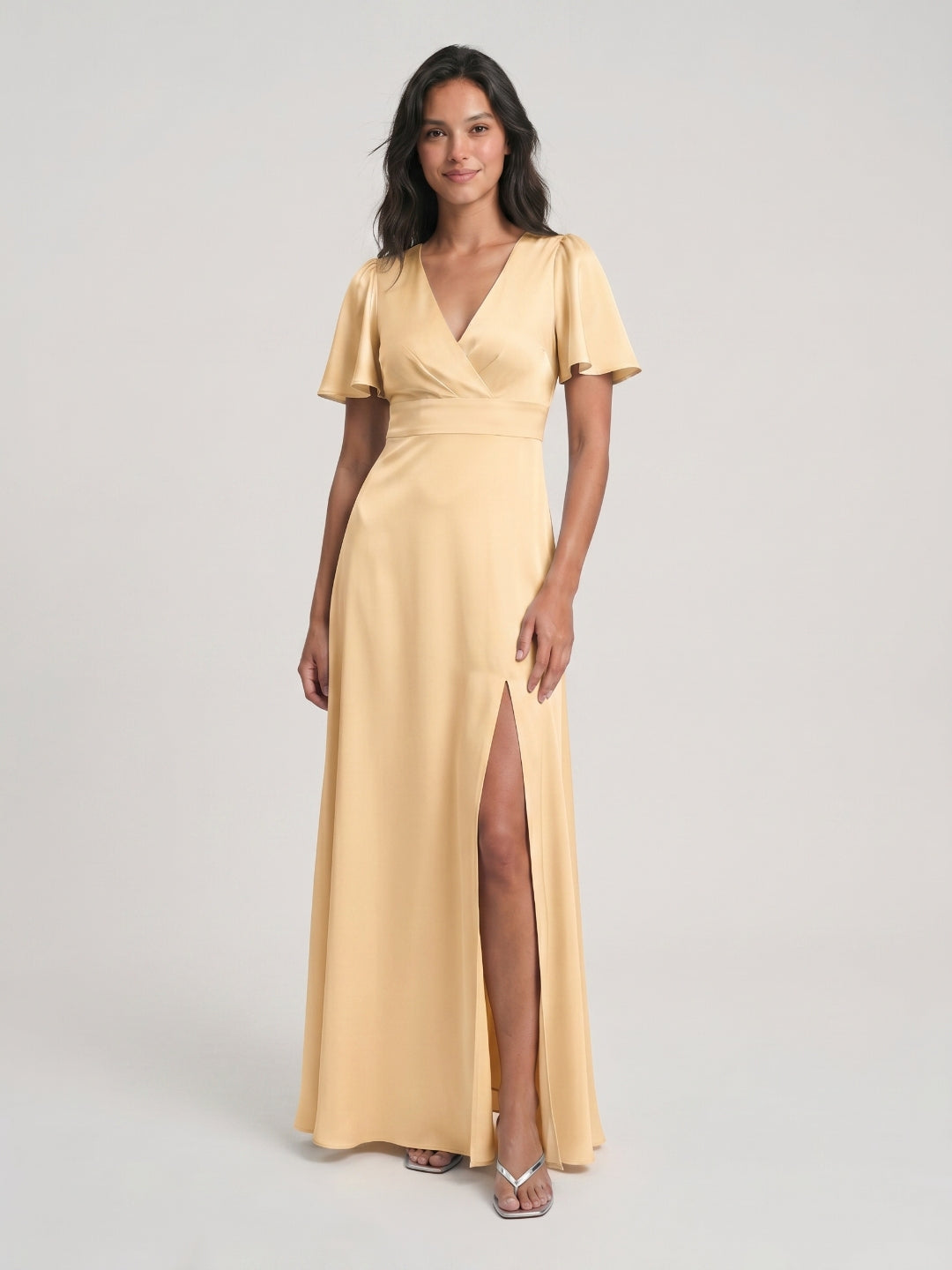 Butter Satin A-Line V-Neck Back Zip Floor-Length Bridesmaid Dress