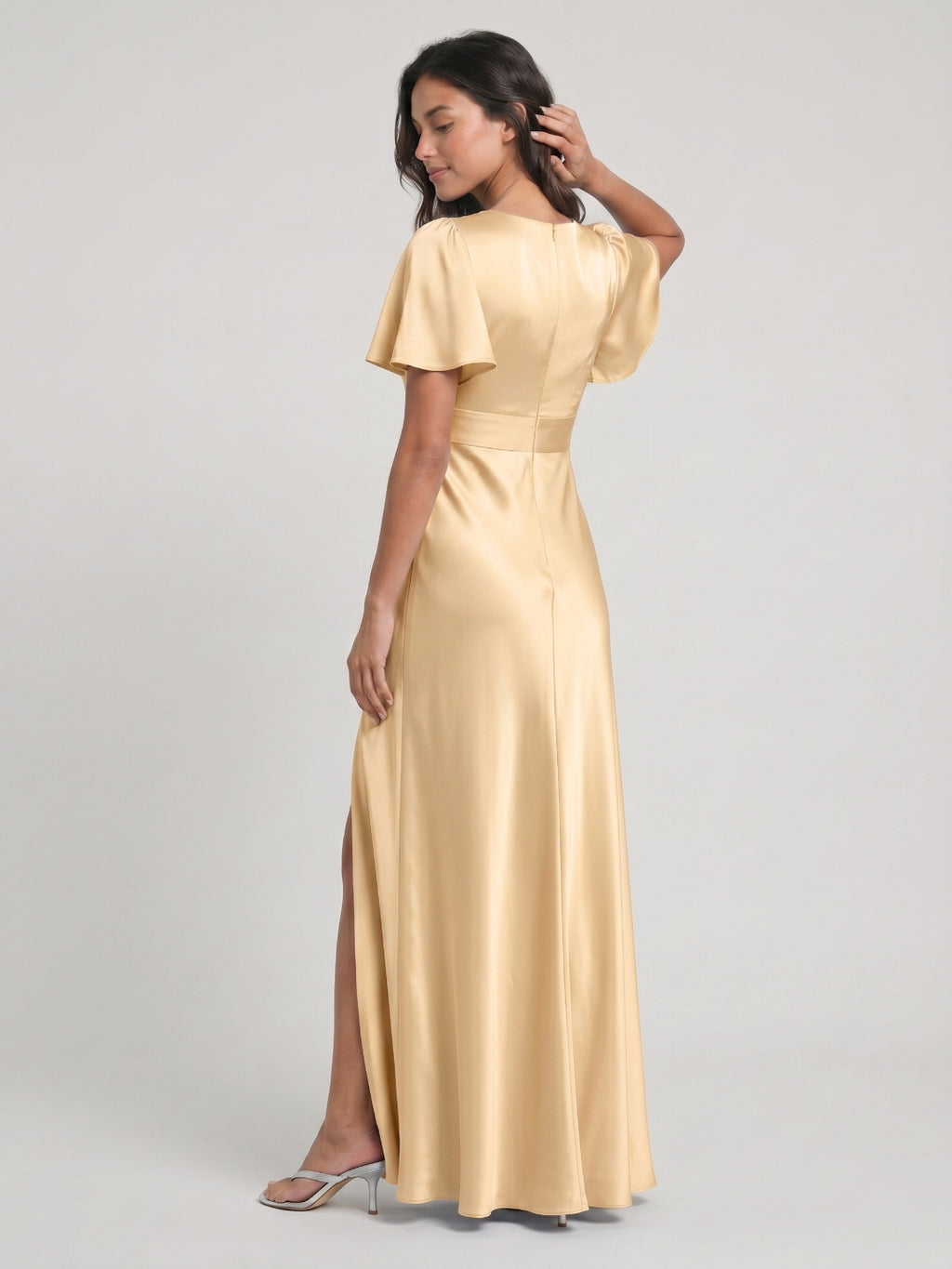 Butter Satin A-Line V-Neck Back Zip Floor-Length Bridesmaid Dress