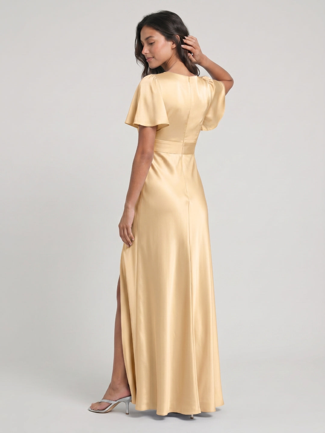 Butter Satin A-Line V-Neck Back Zip Floor-Length Bridesmaid Dress
