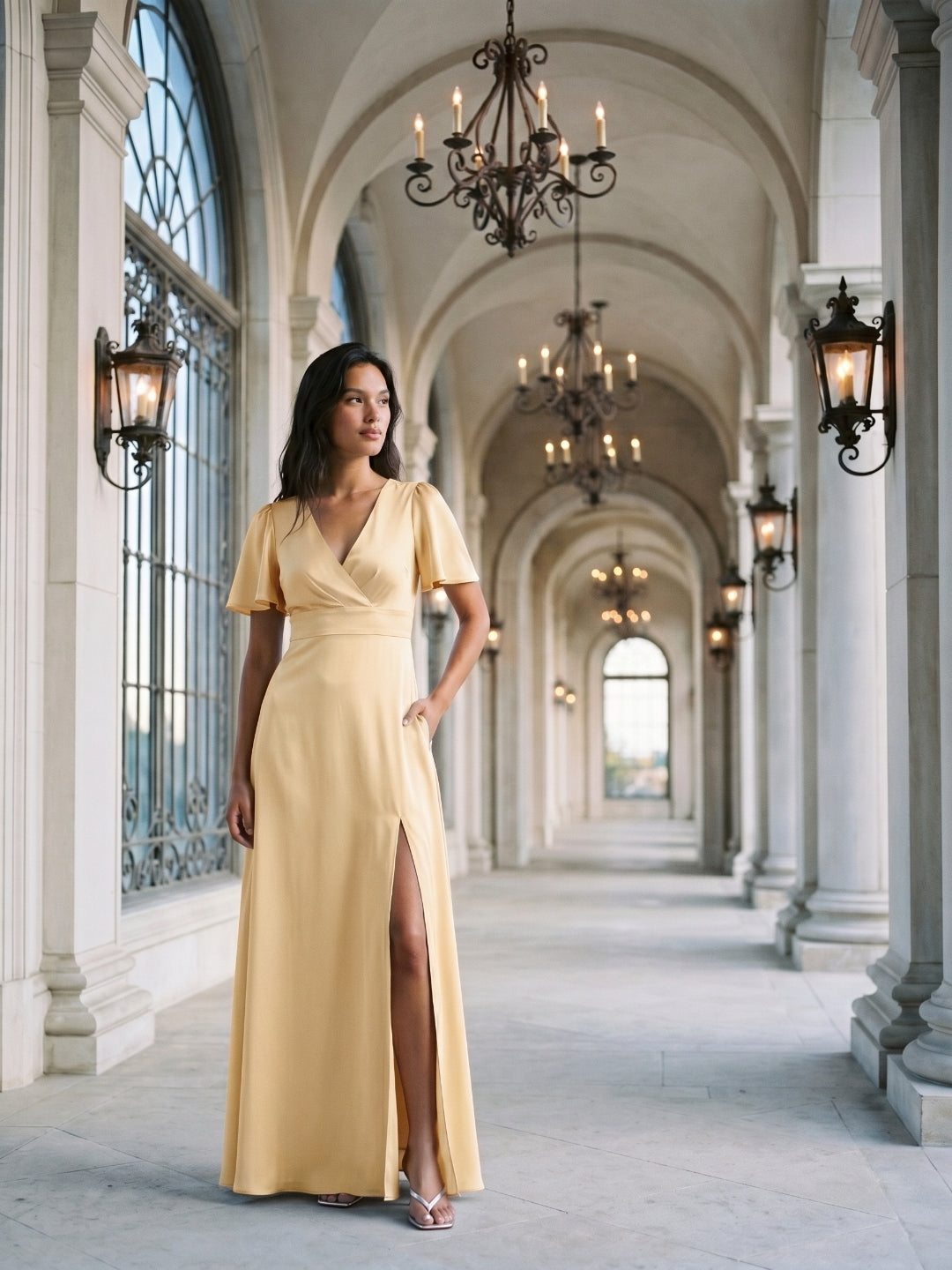 Butter Satin A-Line V-Neck Back Zip Floor-Length Bridesmaid Dress