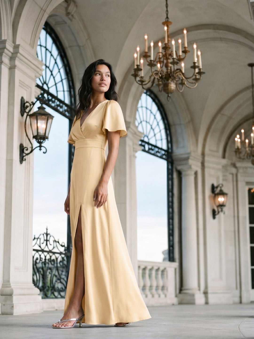 Butter Satin A-Line V-Neck Back Zip Floor-Length Bridesmaid Dress