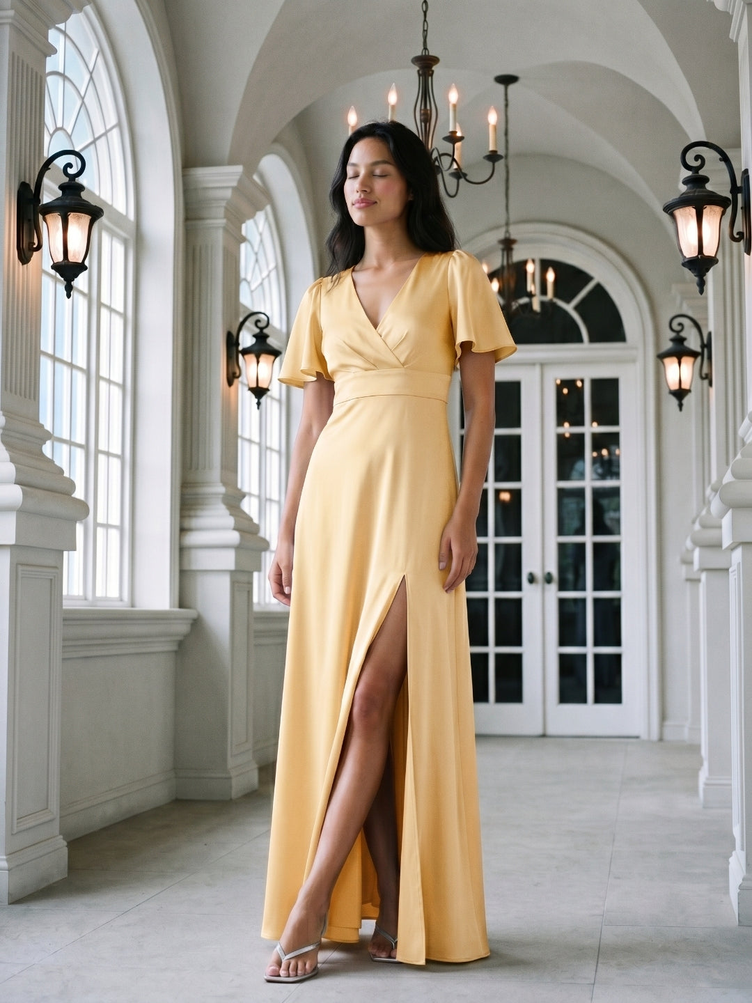 Butter Satin A-Line V-Neck Back Zip Floor-Length Bridesmaid Dress