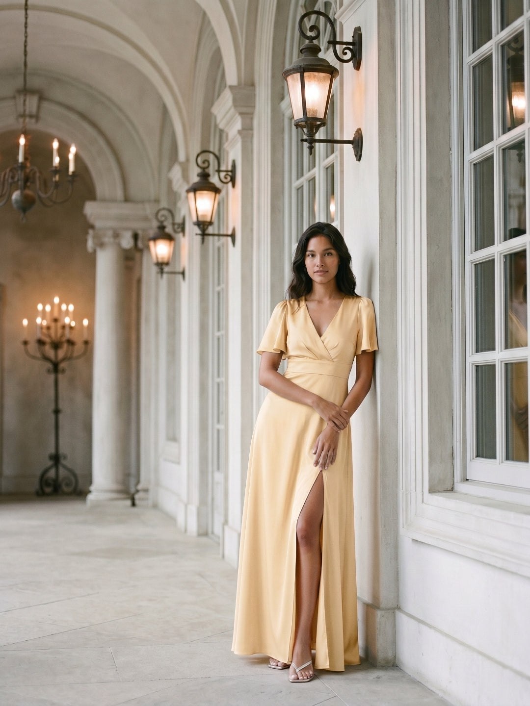 Butter Satin A-Line V-Neck Back Zip Floor-Length Bridesmaid Dress