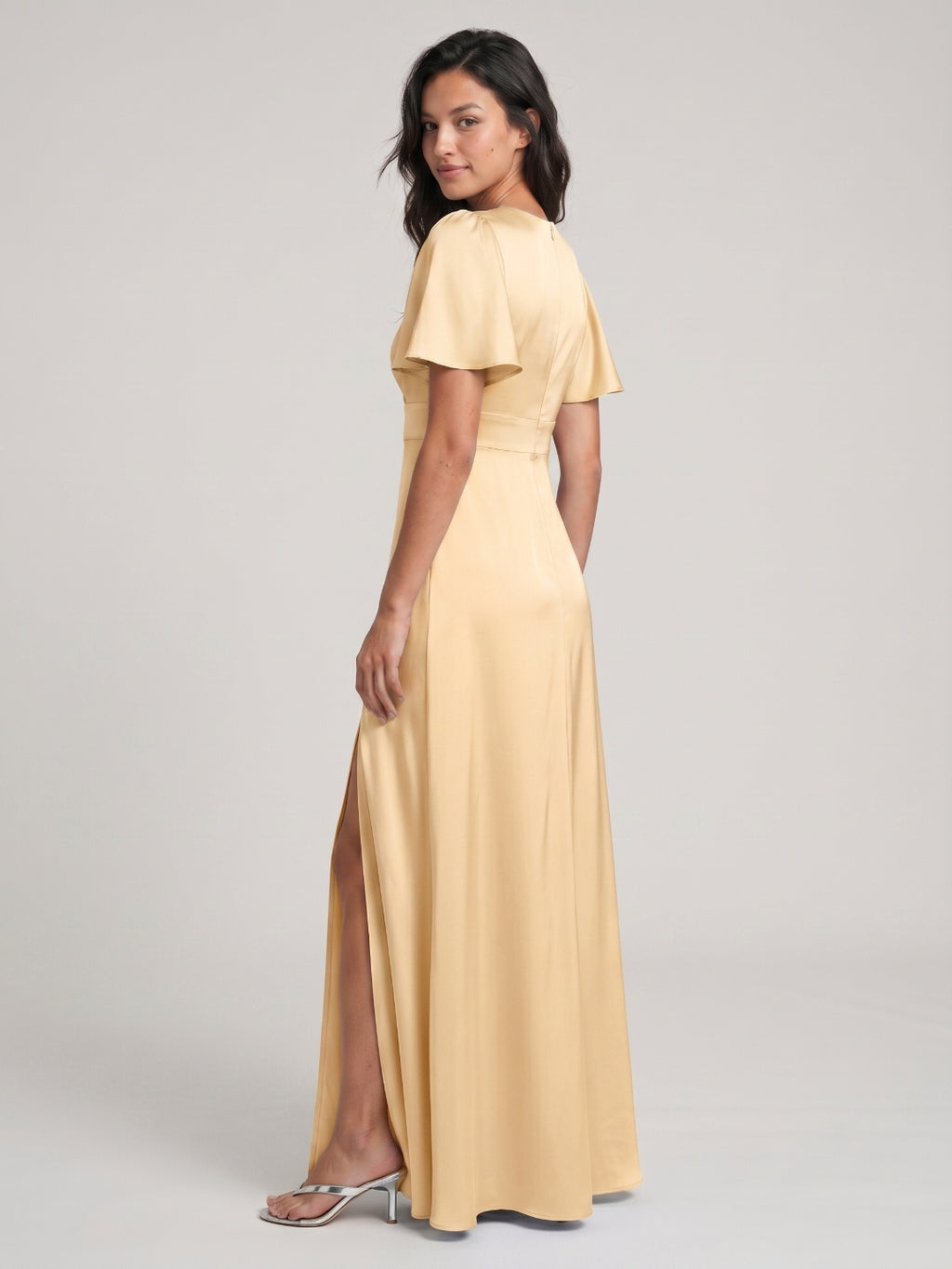 Butter Satin A-Line V-Neck Back Zip Floor-Length Bridesmaid Dress