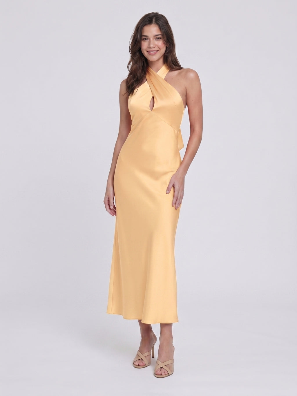 Butter Satin Sheath Halter Neckline Backless Ankle-Length Bridesmaid Dress with Bow