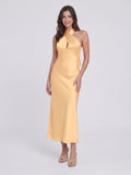 Butter Satin Sheath Halter Neckline Backless Ankle-Length Bridesmaid Dress with Bow
