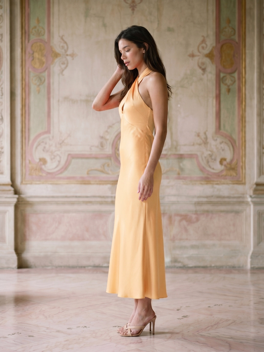 Butter Satin Sheath Halter Neckline Backless Ankle-Length Bridesmaid Dress with Bow