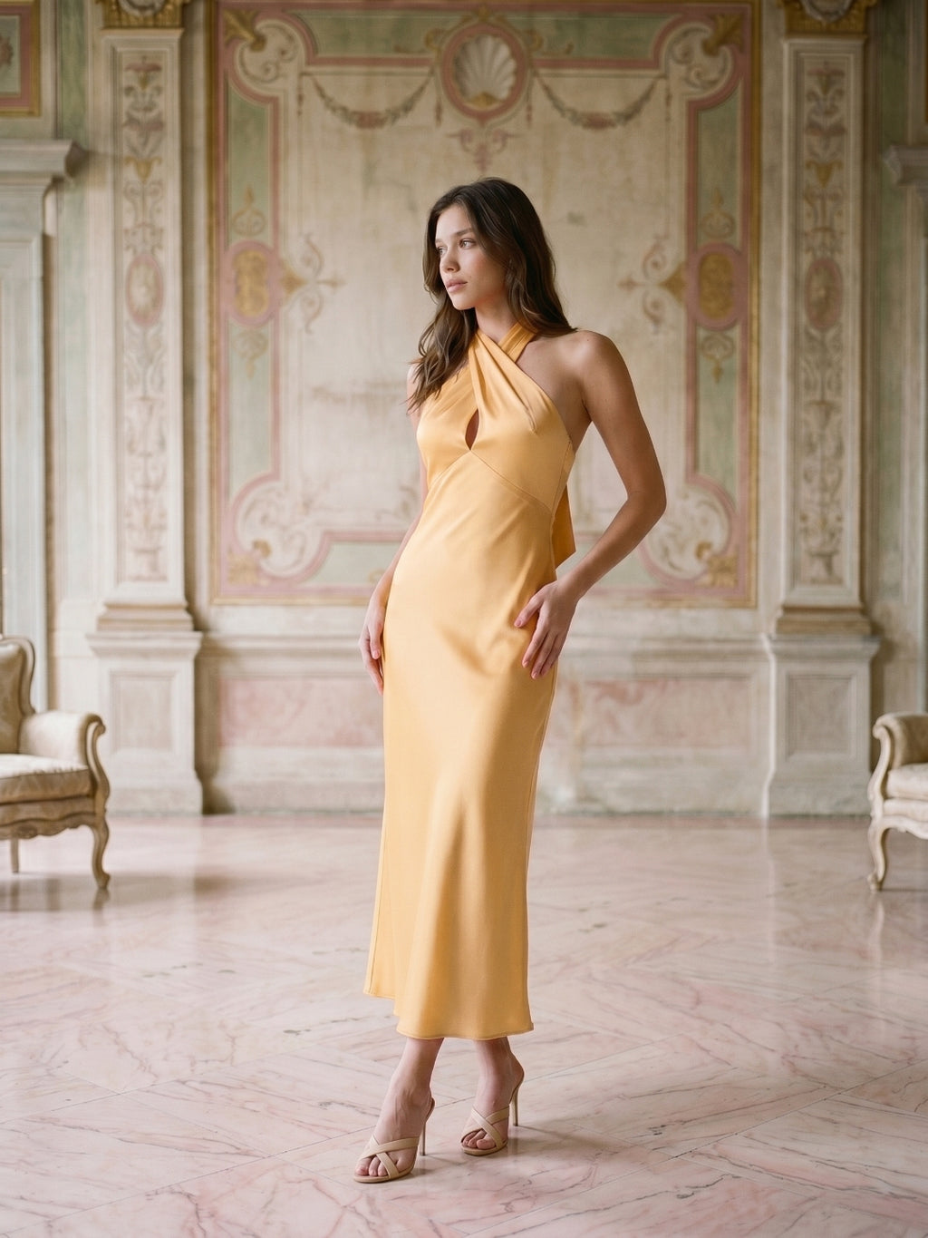 Butter Satin Sheath Halter Neckline Backless Ankle-Length Bridesmaid Dress with Bow