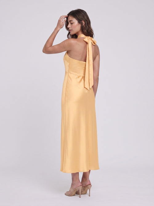 Butter Satin Sheath Halter Neckline Backless Ankle-Length Bridesmaid Dress with Bow