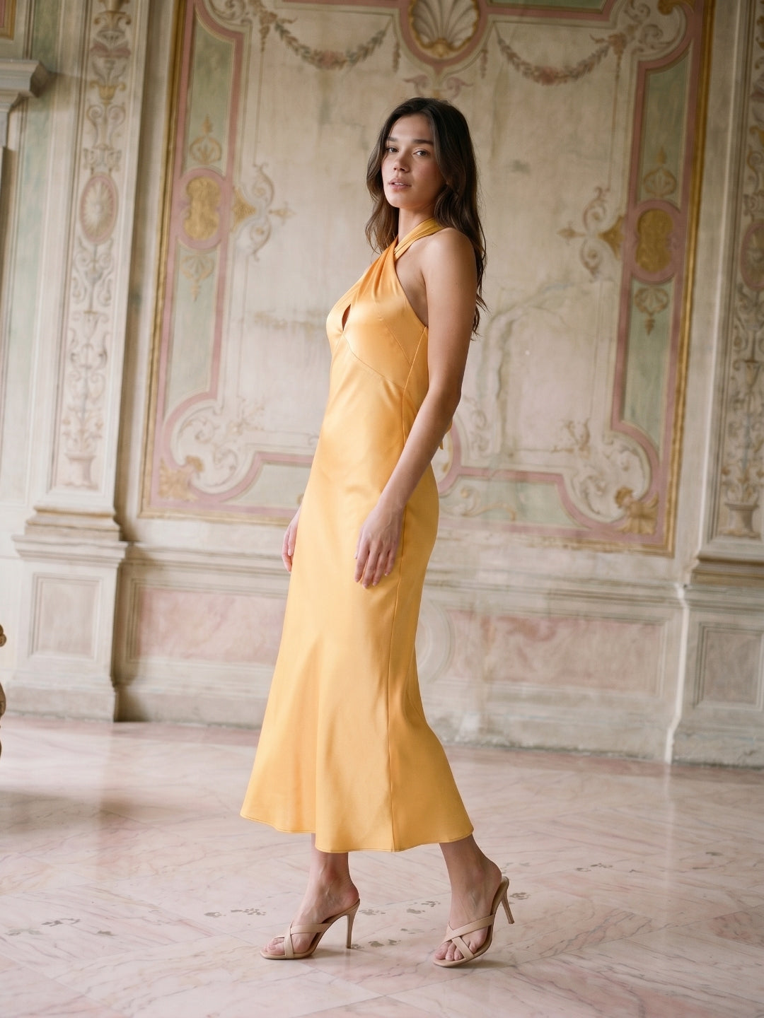 Butter Satin Sheath Halter Neckline Backless Ankle-Length Bridesmaid Dress with Bow