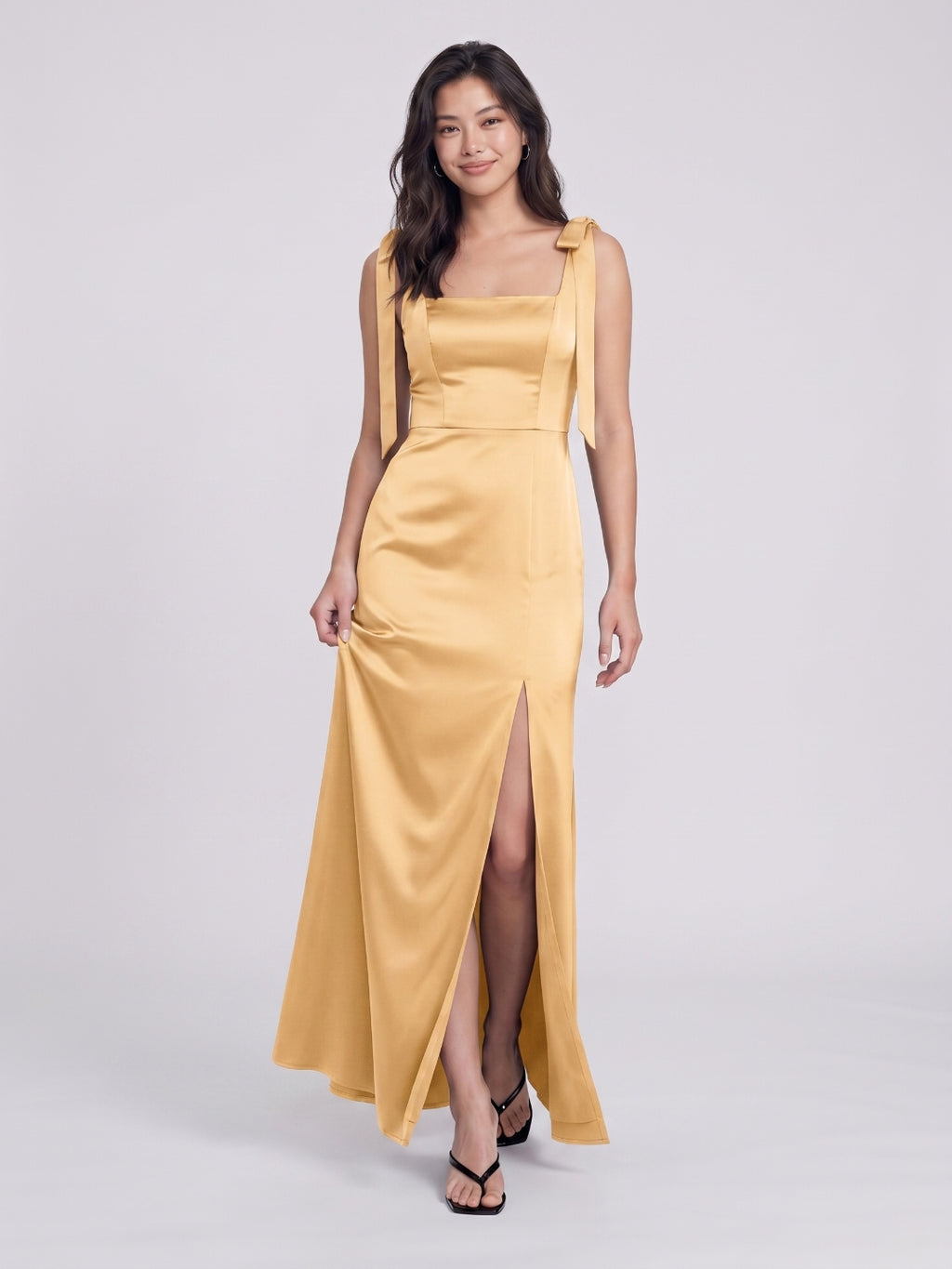 Butter Satin Sheath Square Neck Backless Floor-Length Bridesmaid Dress