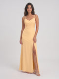 Butter Satin Sheath V-Neck V-Back Floor-Length Bridesmaid Dress with Pleating