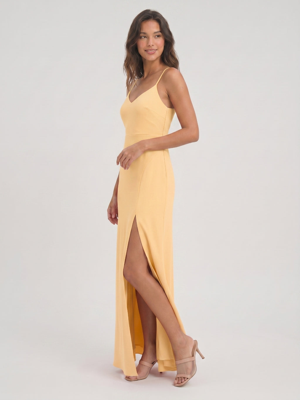 Butter Satin Sheath V-Neck V-Back Floor-Length Bridesmaid Dress with Pleating