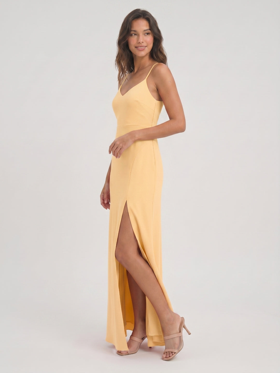 Butter Satin Sheath V-Neck V-Back Floor-Length Bridesmaid Dress with Pleating