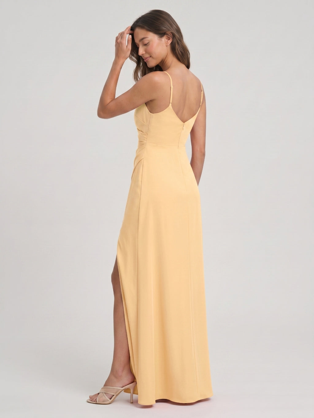 Butter Satin Sheath V-Neck V-Back Floor-Length Bridesmaid Dress with Pleating