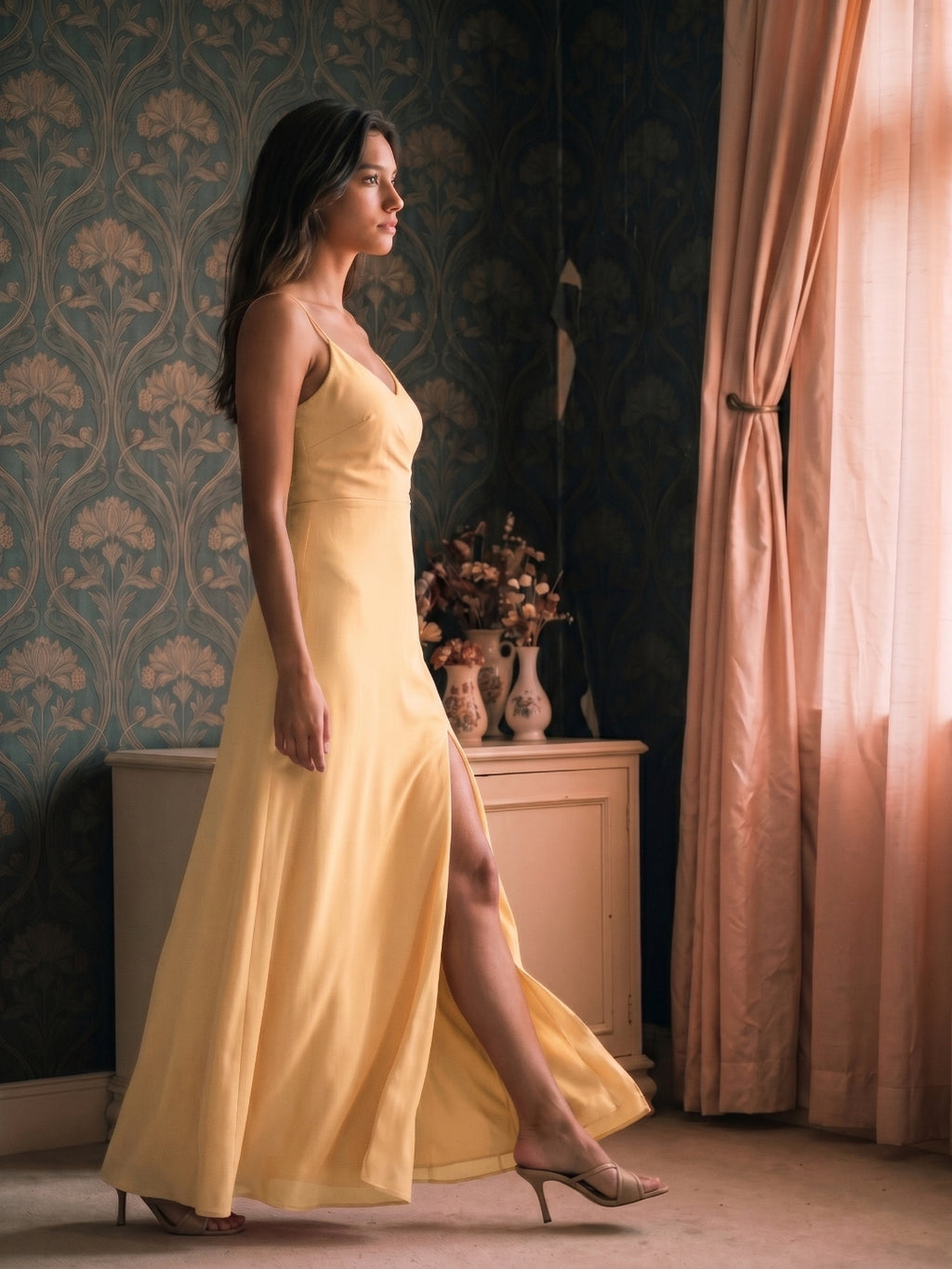 Butter Satin Sheath V-Neck V-Back Floor-Length Bridesmaid Dress with Pleating