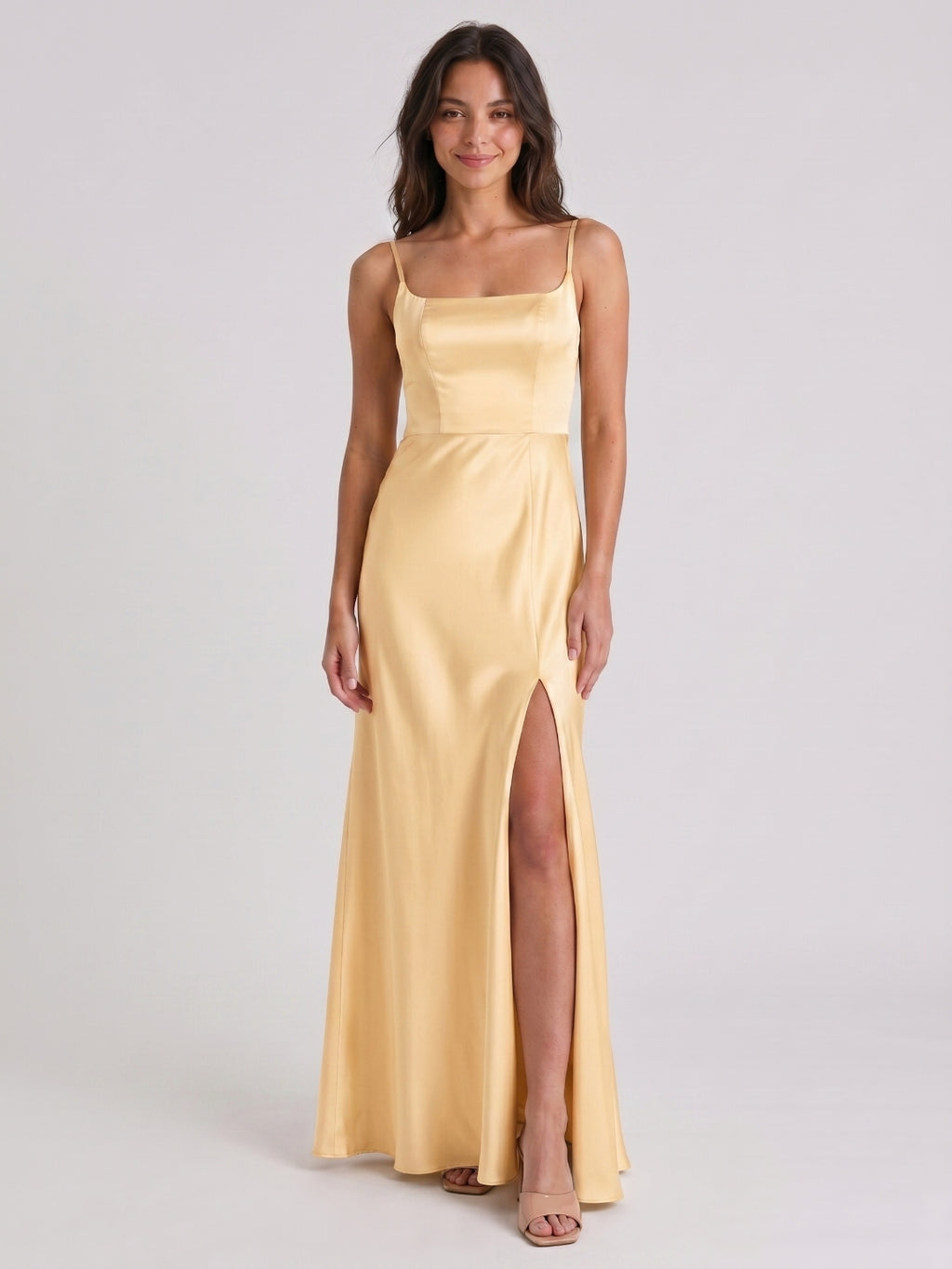 Butter Satin Trumpet Square Neck Back Zip Floor-Length Bridesmaid Dress