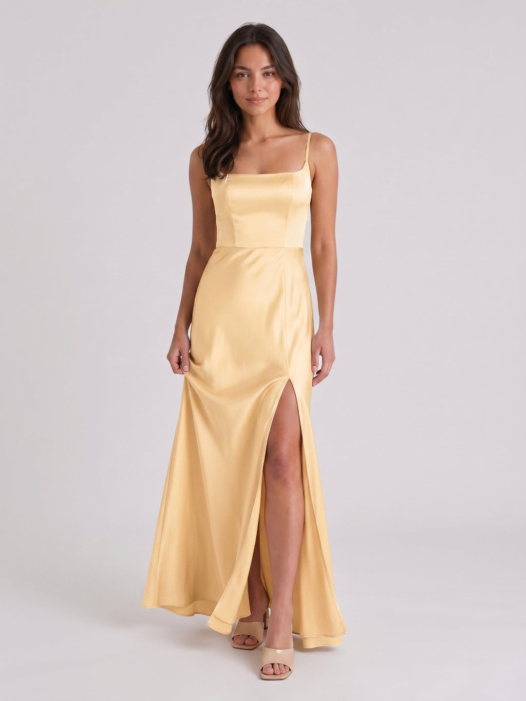 Butter Satin Trumpet Square Neck Back Zip Floor-Length Bridesmaid Dress