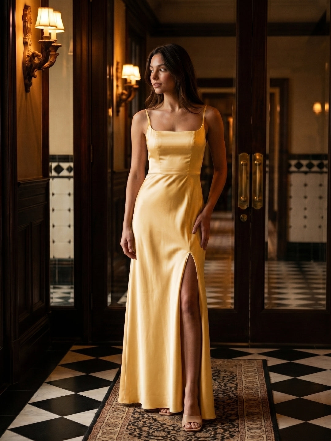 Butter Satin Trumpet Square Neck Back Zip Floor-Length Bridesmaid Dress