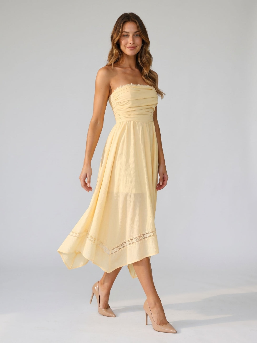 Butter Stretch Knit A-Line Straight Neck Back Zip Asymmetrical Evening Dress