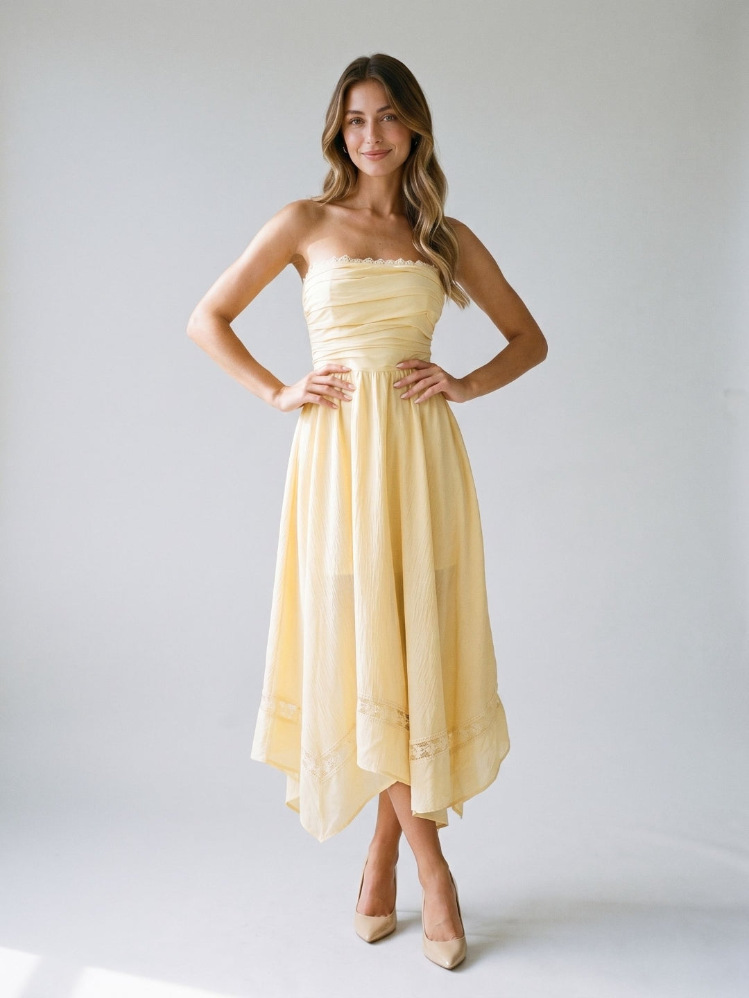 Butter Stretch Knit A-Line Straight Neck Back Zip Asymmetrical Evening Dress