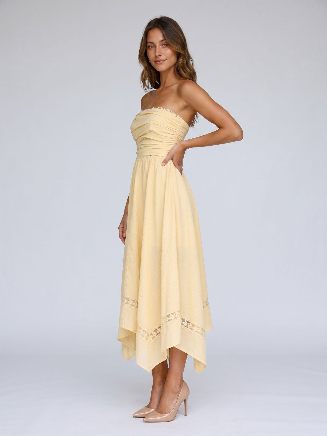 Butter Stretch Knit A-Line Straight Neck Back Zip Asymmetrical Evening Dress