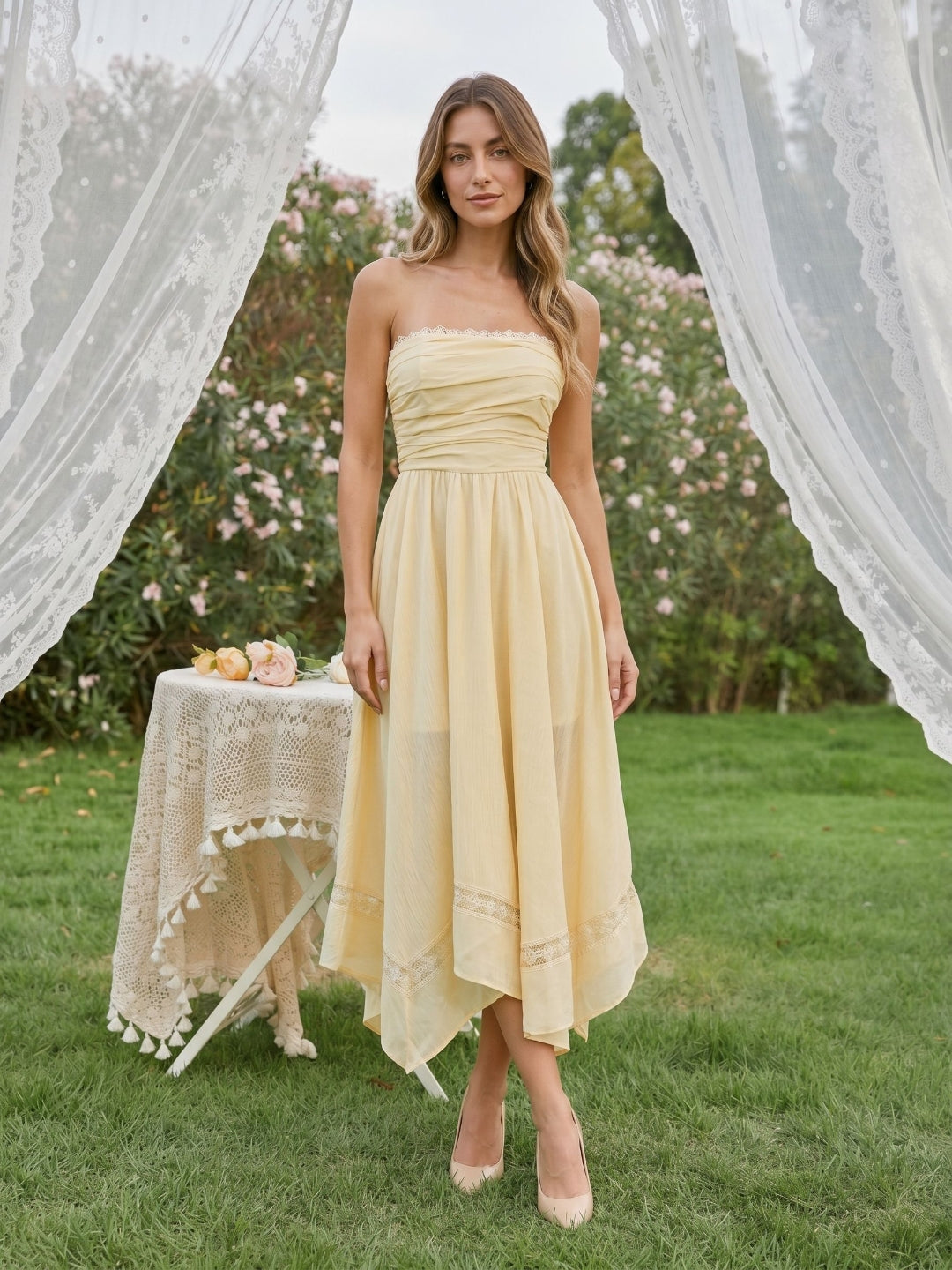 Butter Stretch Knit A-Line Straight Neck Back Zip Asymmetrical Evening Dress