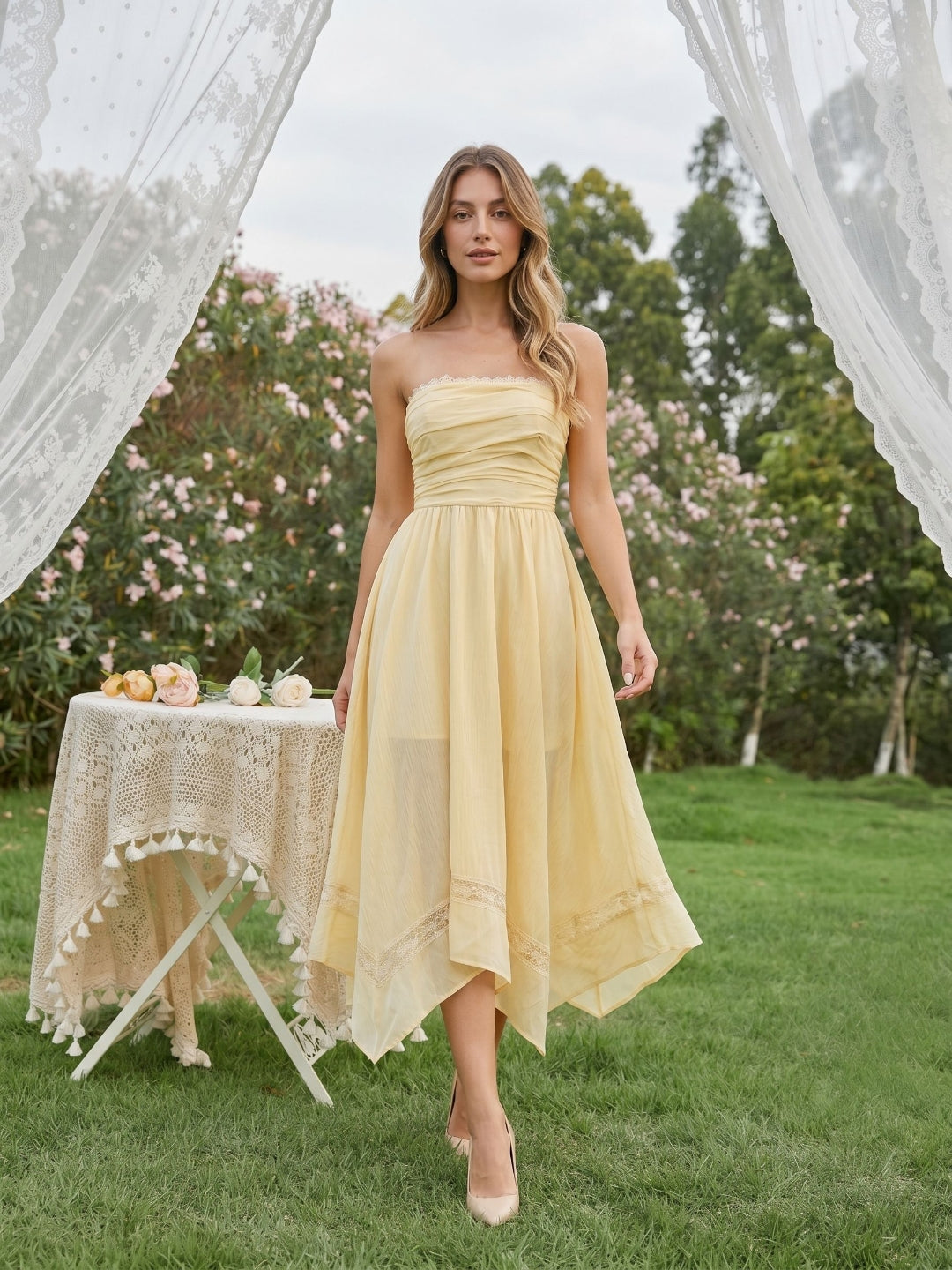 Butter Stretch Knit A-Line Straight Neck Back Zip Asymmetrical Evening Dress