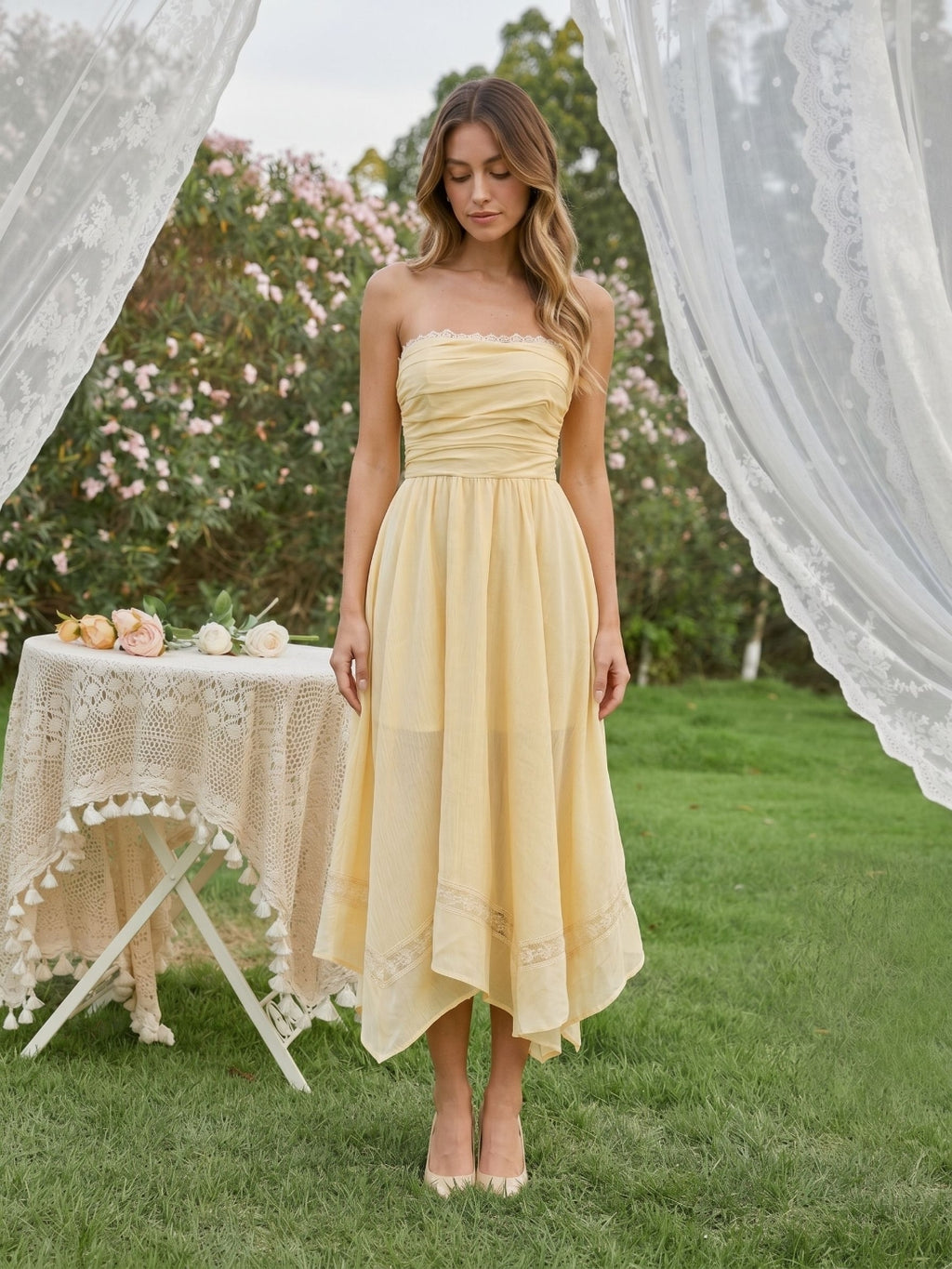 Butter Stretch Knit A-Line Straight Neck Back Zip Asymmetrical Evening Dress