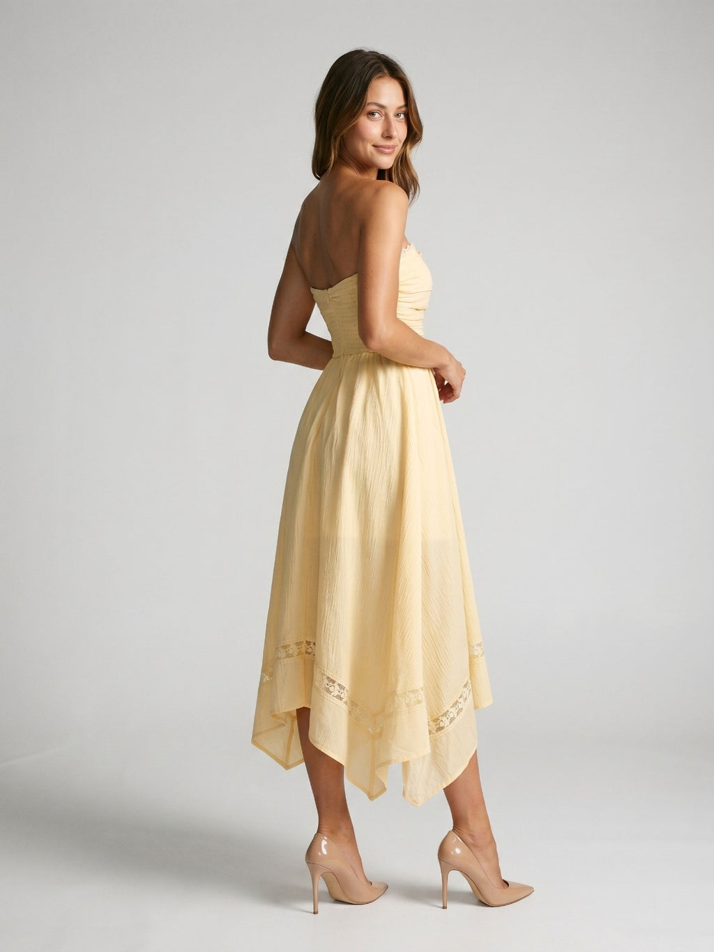 Butter Stretch Knit A-Line Straight Neck Back Zip Asymmetrical Evening Dress