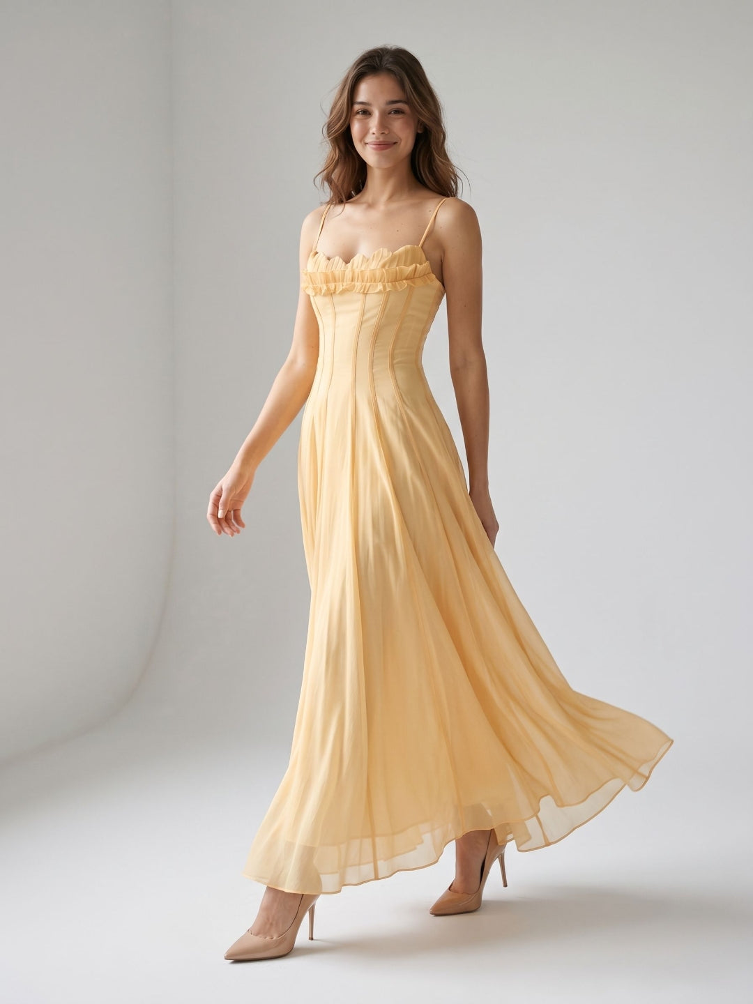 Butter Tulle A-Line Straight Neck Back Zip Floor-Length Birthday Dress with Pleating