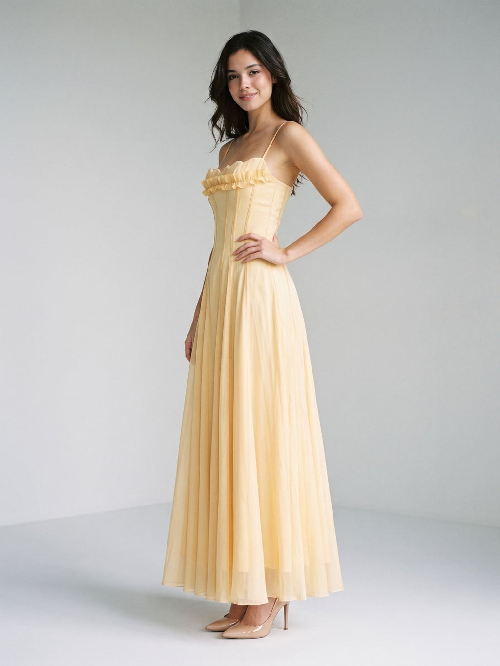 Butter Tulle A-Line Straight Neck Back Zip Floor-Length Birthday Dress with Pleating