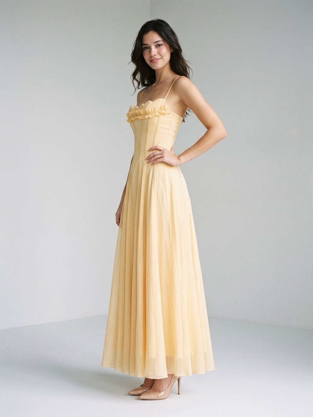 Butter Tulle A-Line Straight Neck Back Zip Floor-Length Birthday Dress with Pleating