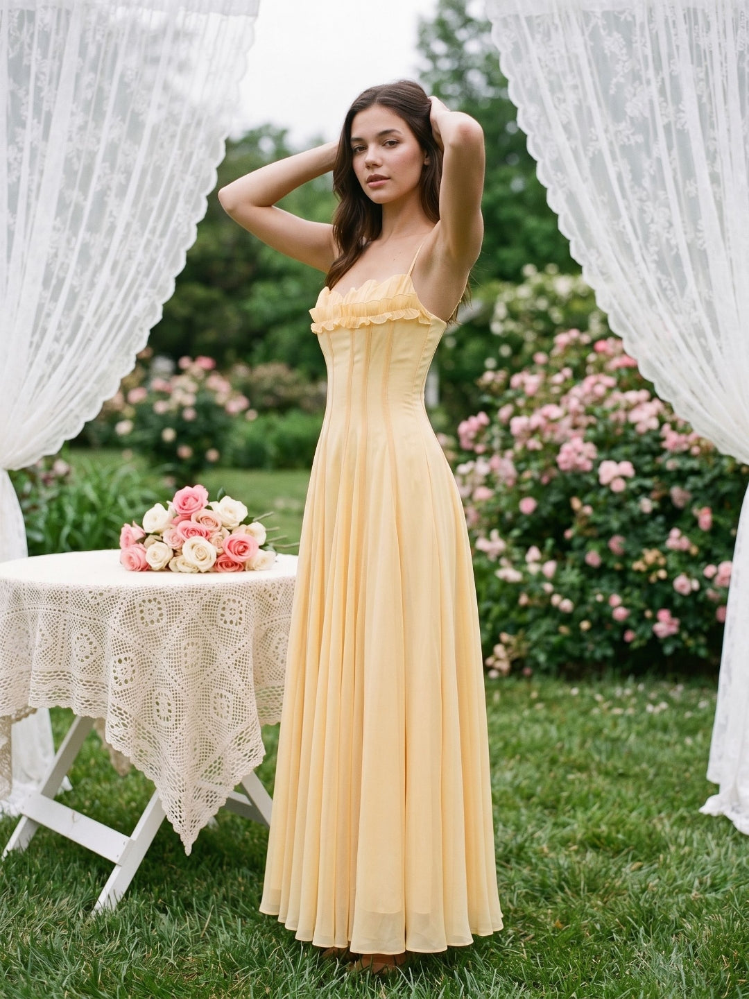 Butter Tulle A-Line Straight Neck Back Zip Floor-Length Birthday Dress with Pleating