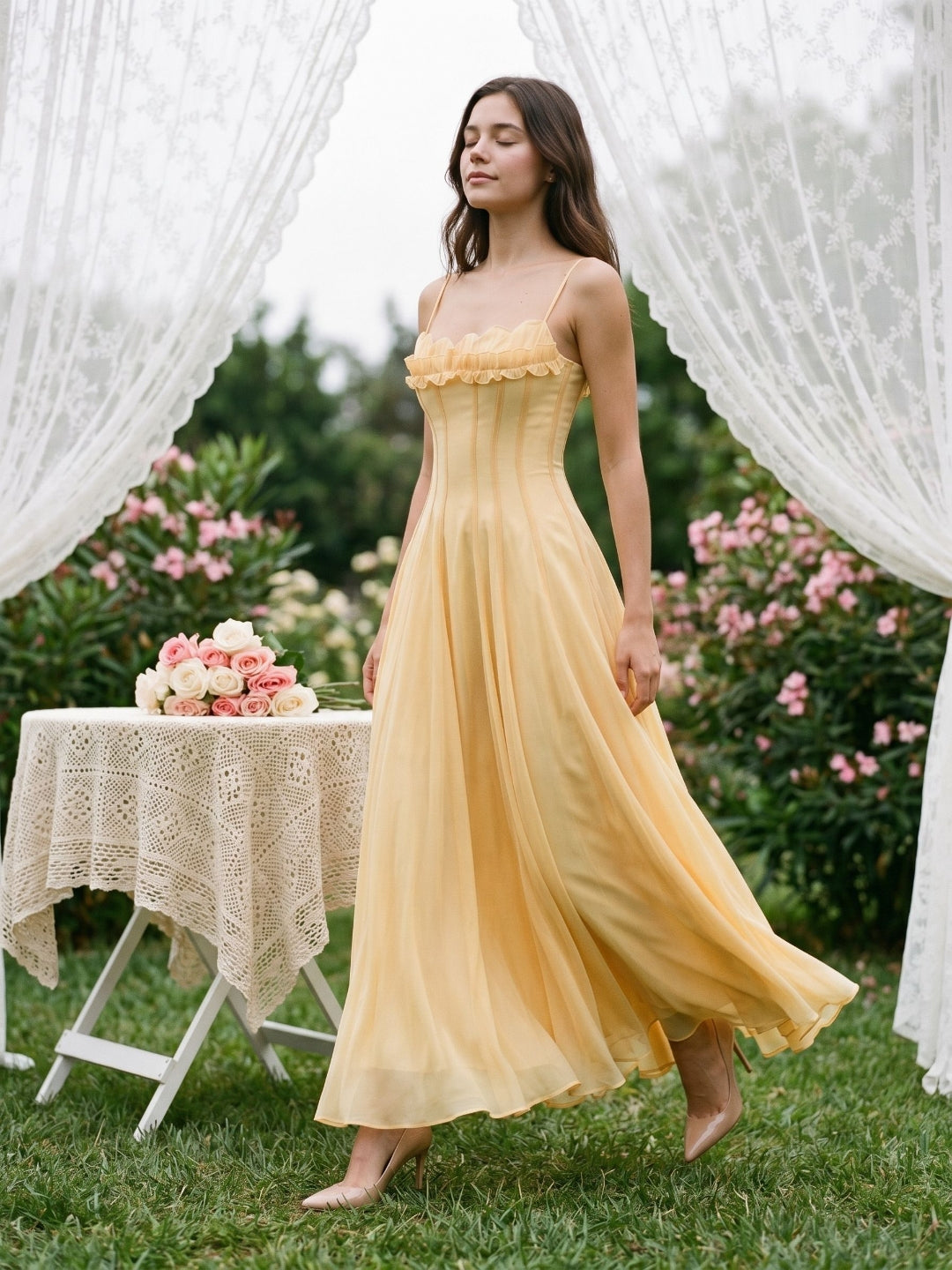 Butter Tulle A-Line Straight Neck Back Zip Floor-Length Birthday Dress with Pleating