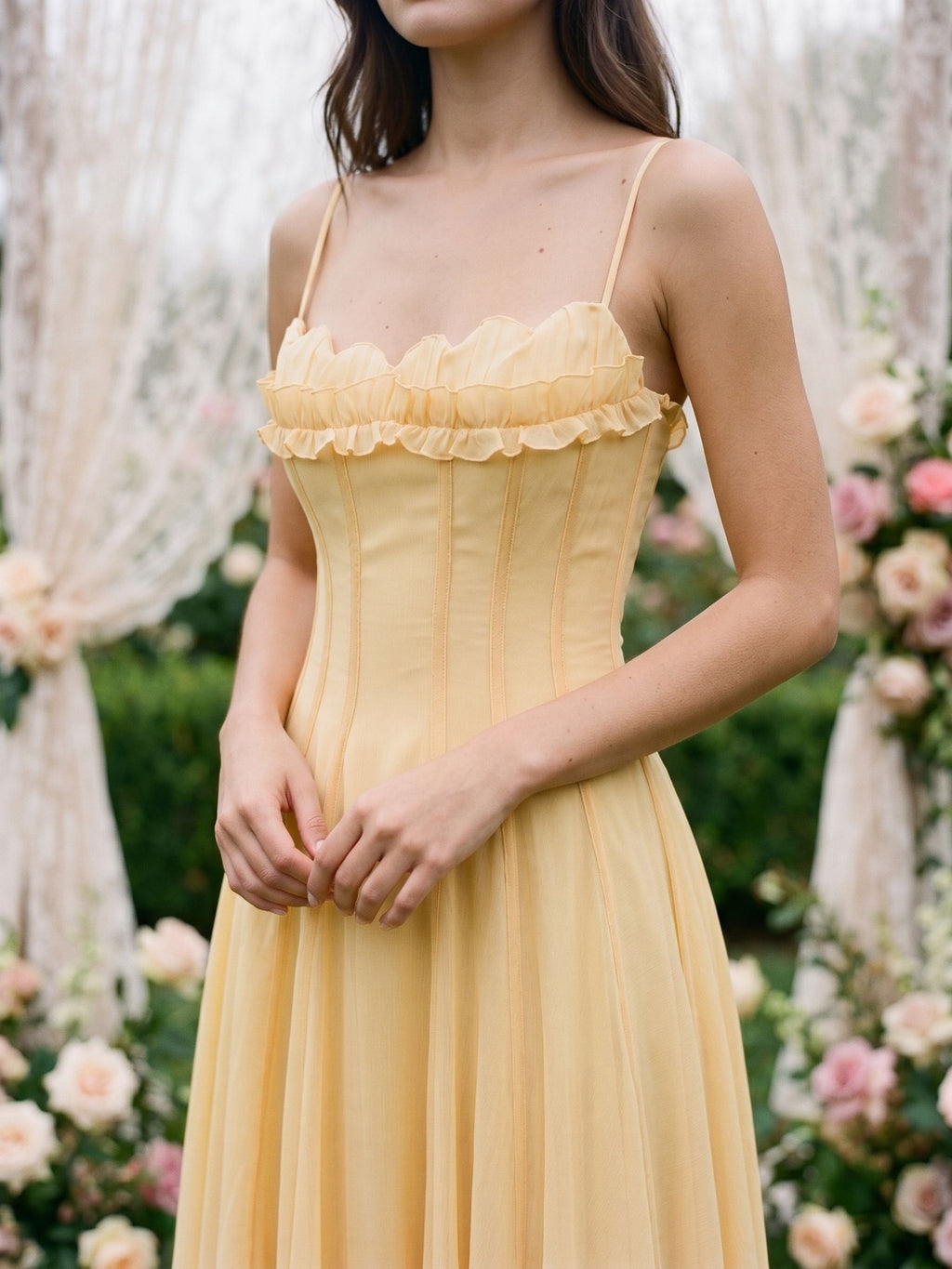 Butter Tulle A-Line Straight Neck Back Zip Floor-Length Birthday Dress with Pleating