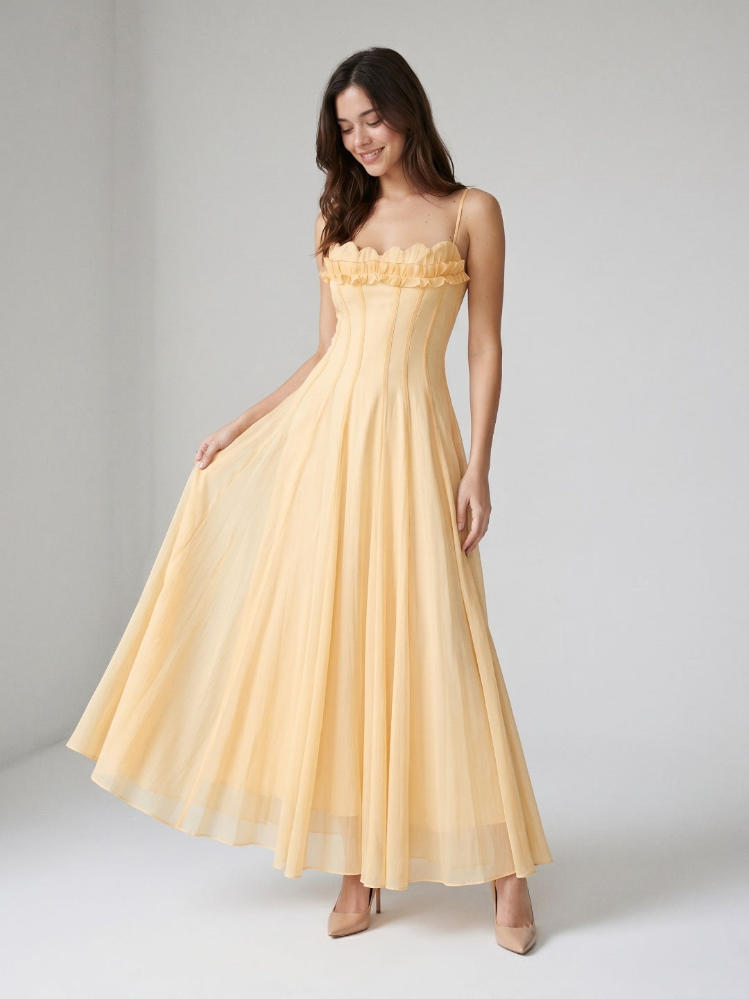 Butter Tulle A-Line Straight Neck Back Zip Floor-Length Birthday Dress with Pleating