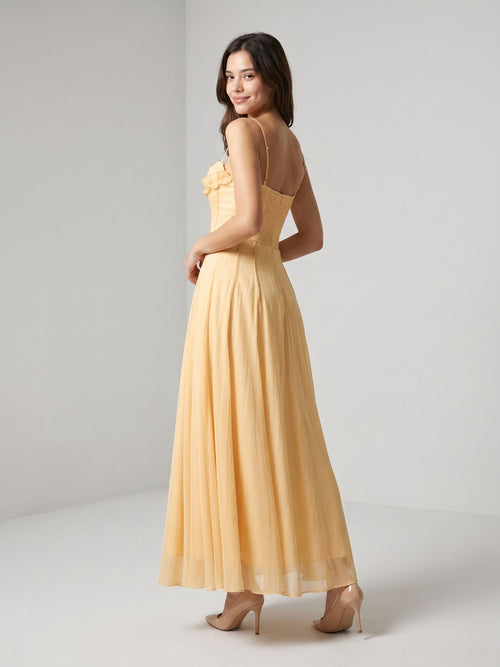 Butter Tulle A-Line Straight Neck Back Zip Floor-Length Birthday Dress with Pleating