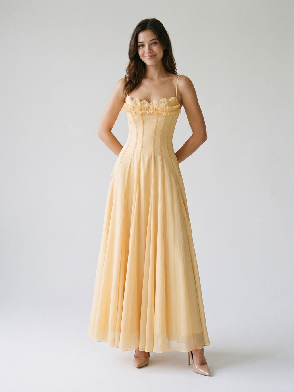 Butter Tulle A-Line Straight Neck Back Zip Floor-Length Birthday Dress with Pleating