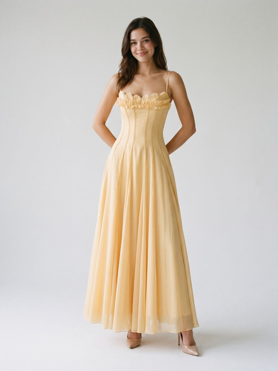 Butter Tulle A-Line Straight Neck Back Zip Floor-Length Birthday Dress with Pleating
