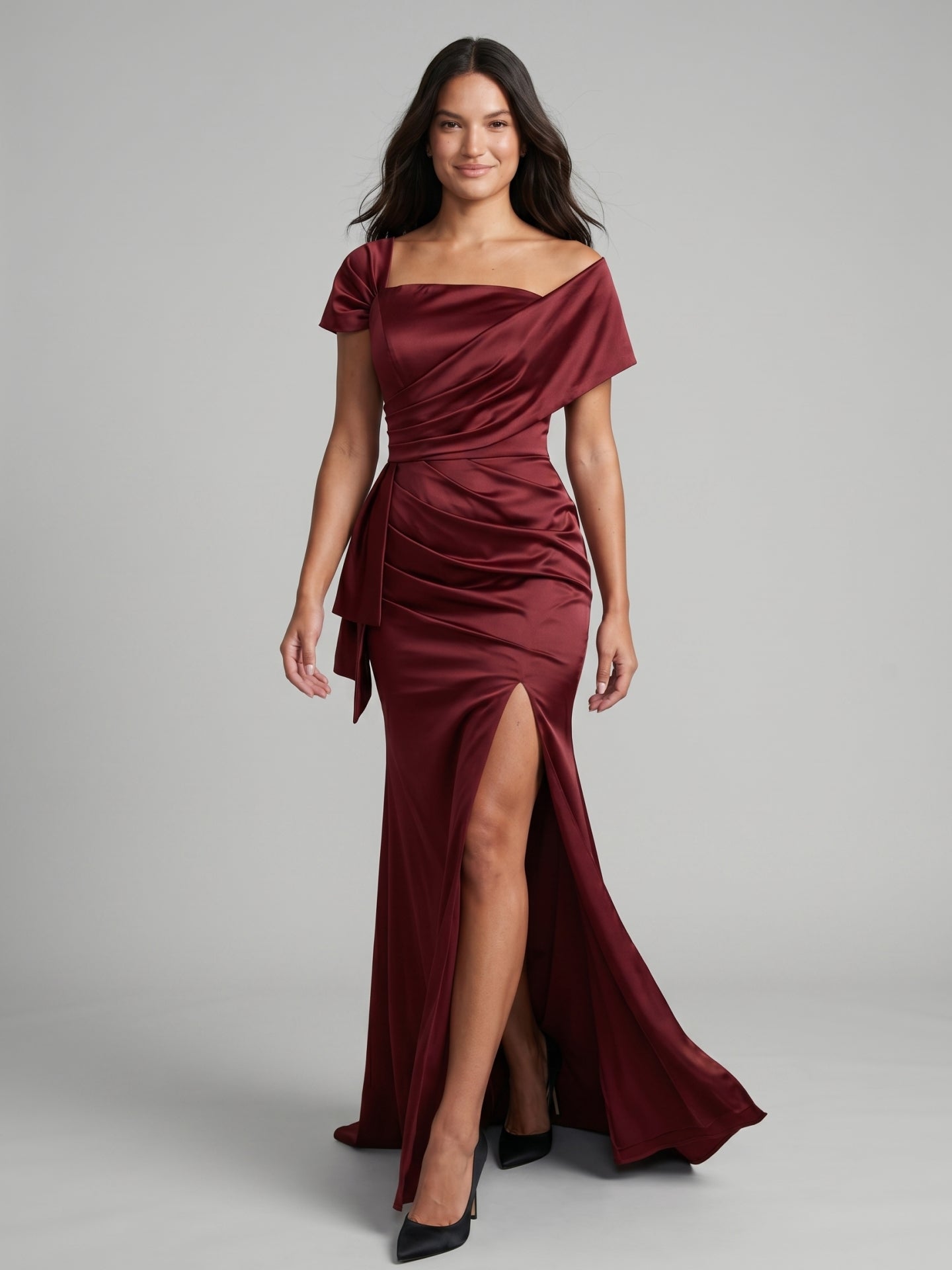 Caberne Satin Mermaid One Shoulder Back Zip Floor-Length Bridesmaid Dress with Pleats