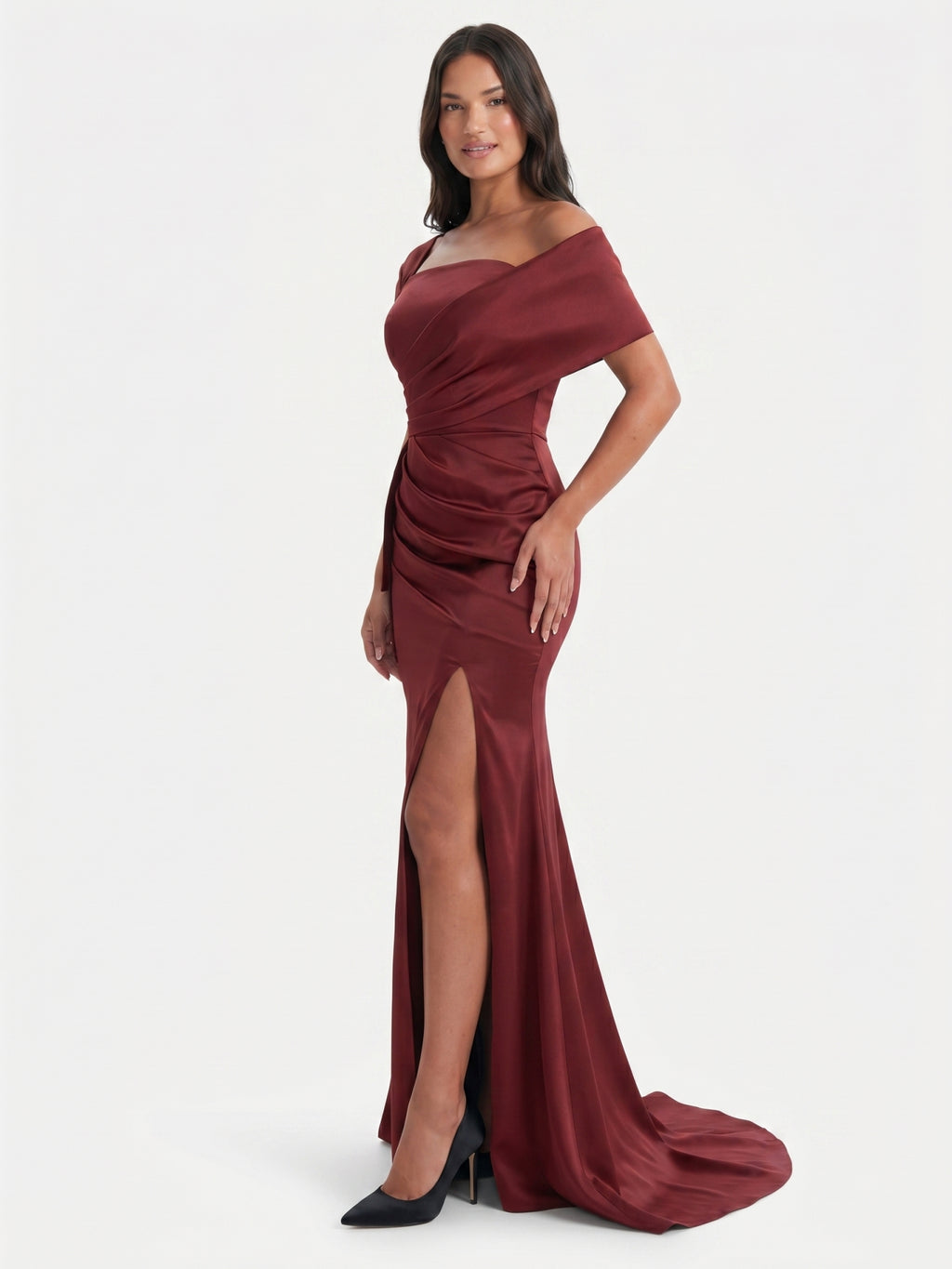 Caberne Satin Mermaid One Shoulder Back Zip Floor-Length Bridesmaid Dress with Pleats