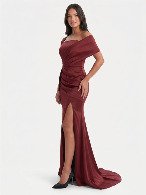 Caberne Satin Mermaid One Shoulder Back Zip Floor-Length Bridesmaid Dress with Pleats