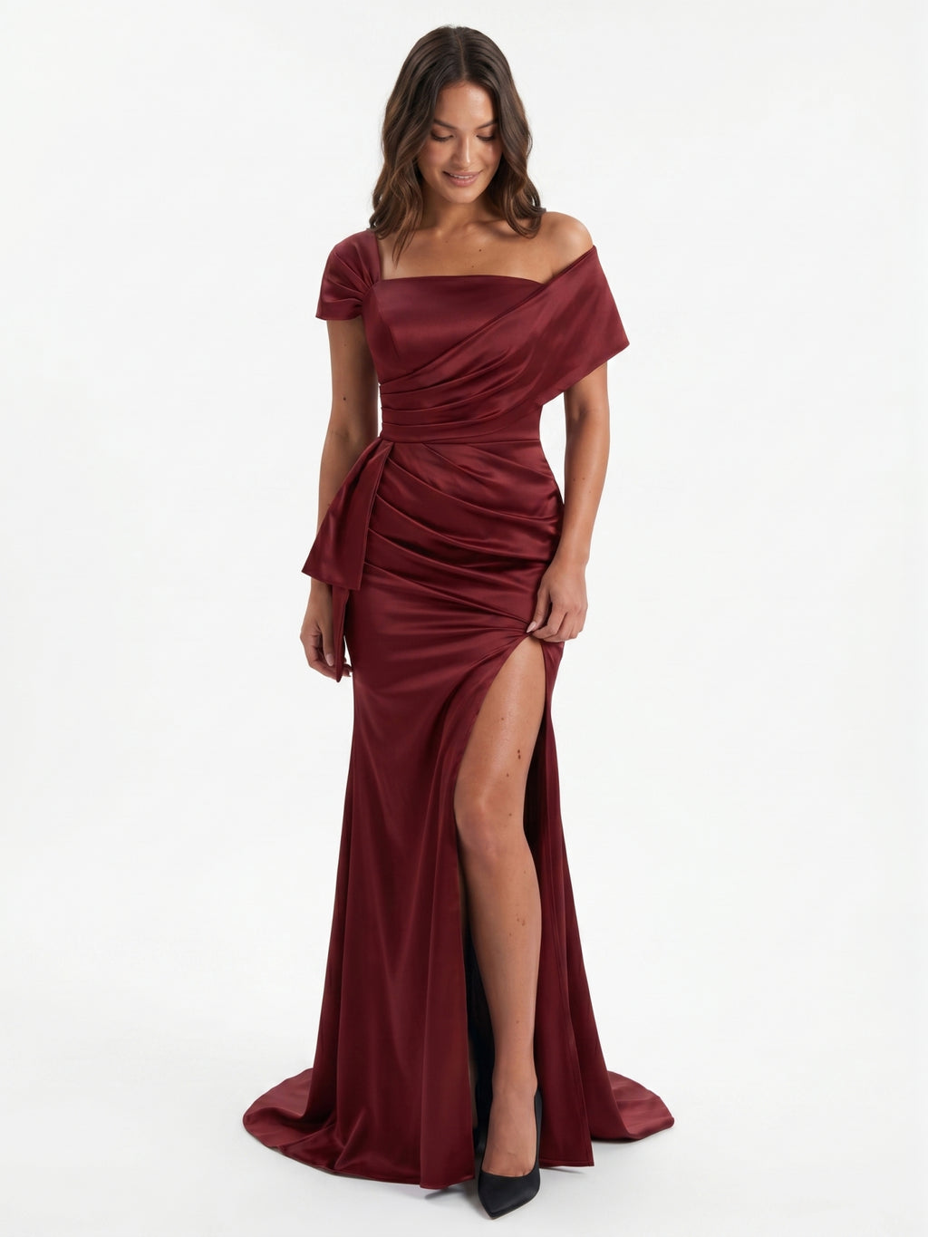 Caberne Satin Mermaid One Shoulder Back Zip Floor-Length Bridesmaid Dress with Pleats