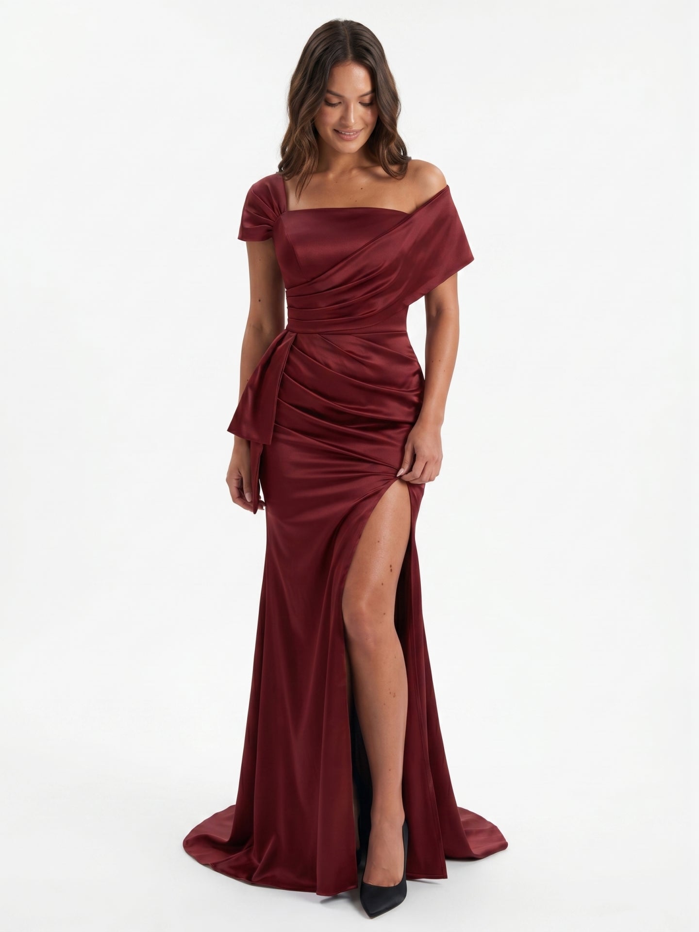 Caberne Satin Mermaid One Shoulder Back Zip Floor-Length Bridesmaid Dress with Pleats