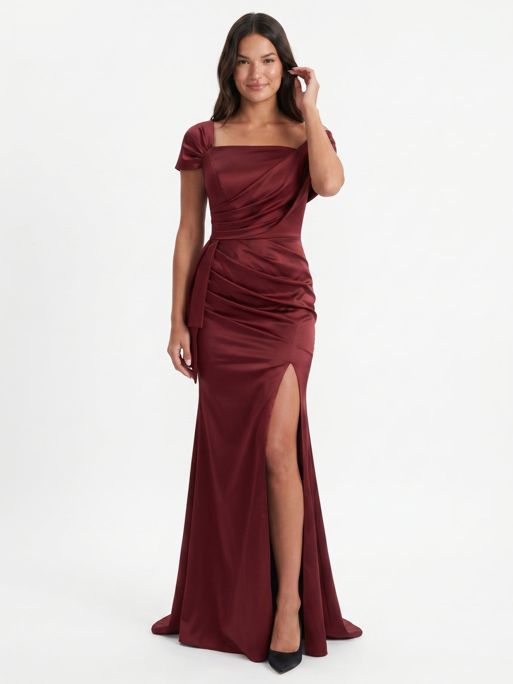 Caberne Satin Mermaid One Shoulder Back Zip Floor-Length Bridesmaid Dress with Pleats